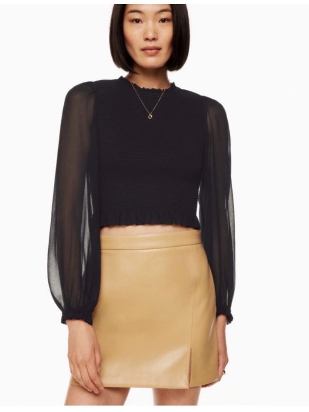 Aritzia Wilfred Black Tempest Sheer Balloon-Sleeve Cropped Top XXS